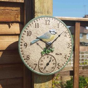 Blue Tit Wall Clock and Thermometer 12 Inches